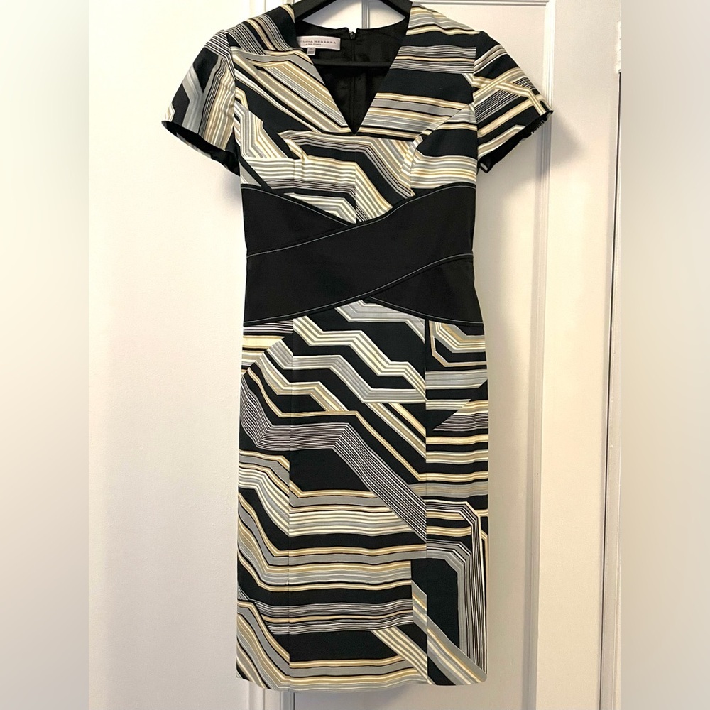 🥂🥂Carolina Herrera Black, Light Blue and Cream Geometric Midi Dress